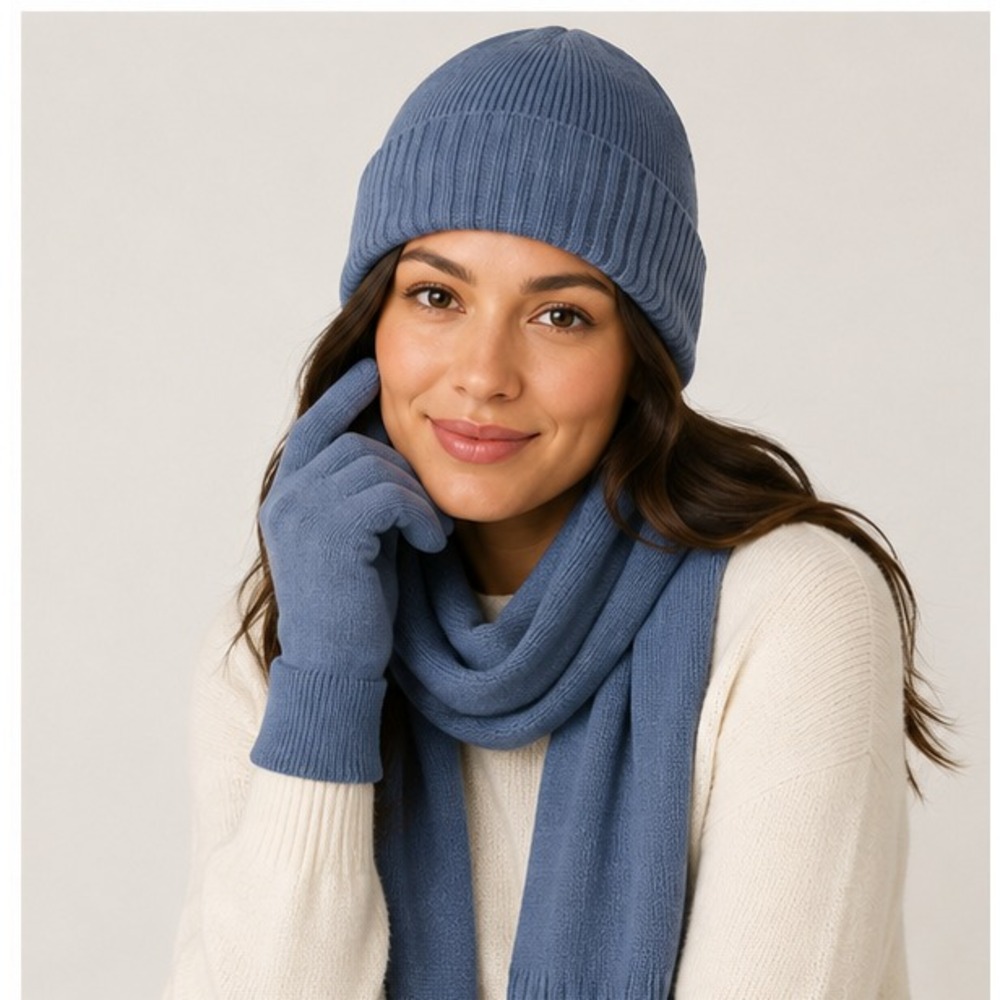 Time and Tru Womens Beanie Scarf Gloves Set One Size Blue 3-Piece Winter NWT
